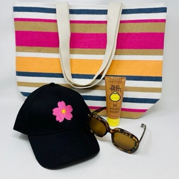 Sunbum SPF 50 Sunscreen, Beach Tote, flowered baseball cap, tortoise sunglasses - Picture 1 of 3
